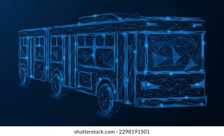 Passenger bus. Polygonal design of interconnected lines and points. Blue background.