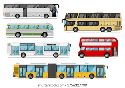 Passenger bus set. Isolated public city, coach, tour, double-decker bus transport icons. Bus vehicles with luggage compartments and bellows. Urban passenger transportation and journey