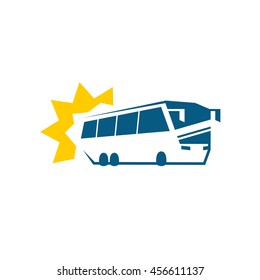 Passenger bus silhouette with sun rays. Bus travel tours logo concept.