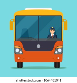 Passenger bus with Smiling driver in Windows. Vector flat style illustration