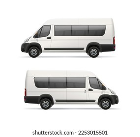 Passenger Bus Van vector template for Mockup design. White Van for Advertising and Corporate identity. Side view passenger mini bus. Realistic Passenger Car Isolated on white. Editable template
