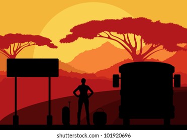 Passenger bus and waiting tourist with luggage in front of wild nature landscape