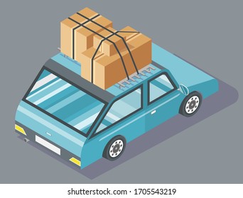 Passenger car with cardboard boxes tied together with black rope on top. Blue vehicle with carton containers. Transportation and moving house vector illustration