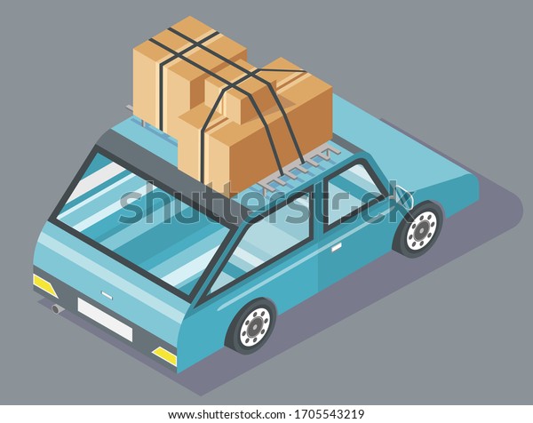 Passenger car with cardboard boxes
tied together with black rope on top. Blue vehicle with carton
containers. Transportation and moving house vector
illustration