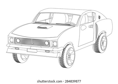 Passenger car closeup contour drawing isolated on a white background