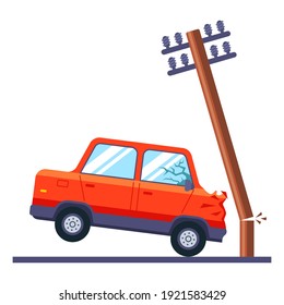 A Passenger Car Crashed Into An Electric Pole And Broke It. Road Traffic Accident. Flat Vector Illustration.