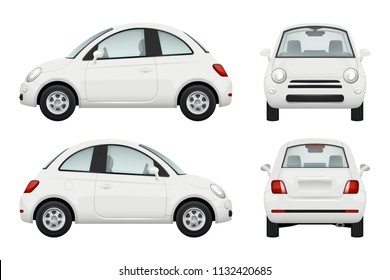Passenger car. Different view realistic illustrations of cars. Vector car transport, auto realistic white