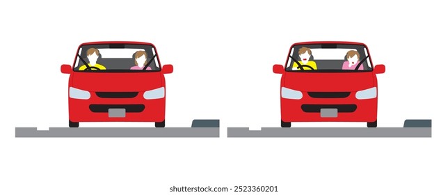 A passenger car facing forward, with the driver and passenger seat. Normal driving and a surprised driver and a woman in the passenger seat