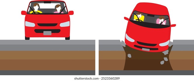 A passenger car facing forward, with the driver and passenger seat. A driver and a woman in the passenger seat are surprised to have fallen into a caved-in road