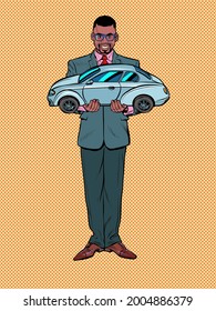 Passenger car in the hands of the seller. A black male businessman. Rental and sale of motor vehicles