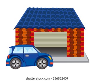 Passenger car near garage from brick.Garage for car