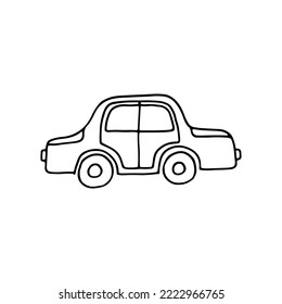 Coche de pasajeros en la carretera. Pequeño auto eléctrico, bajas emisiones. Cuidar de la naturaleza. Máquina para viajes y excursiones fuera de la ciudad. Doodle. Dibujado a mano. Ilustración vectorial. Línea. Esquema.