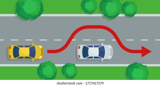 Passenger car overtakes another car on the highway. Diagram of overtaking of transport on the road. Traffic rules, laws. Vector illustration, flat design, cartoon style.