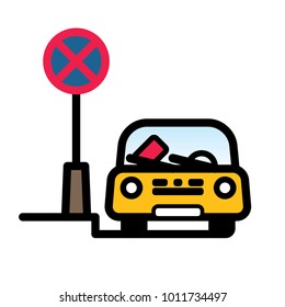 Passenger Car Parked at Street in restricted place with fine ticket on windshield. Linear vector illustration with editable line. EPS10