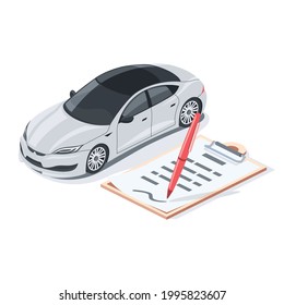 Passenger car sedan, document blank. Vector 3d symbol, isometric, color web icons, new flat style. Creative design idea, concept for infographics.
