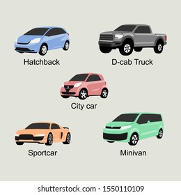Passenger car set - hatchback, double cabin truck, city car, sportscar coupe, mini van - with flat illustration style and 3d looks