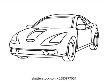 Passenger car, three-quarter view. Fast car. Modern flat vector illustration isolated on white background, outline.