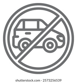 Passenger car vehicle ban line icon, prohibited elements concept. Vector graphics. Automobile transport forbidden sign on white background, outline style icon for mobile or web design