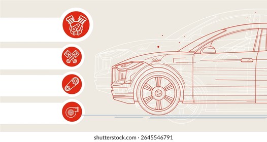 passenger car, vehicle inspection, engine, radiator, timing belt, car repair – template, banner, infographic – vector illustration