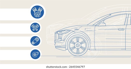 passenger car, vehicle inspection, engine, radiator, timing belt, car repair – template, banner, infographic – vector illustration