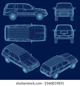 Passenger car wireframe set. Retro auto vehicle, automobile of different views. Wheeled motor transport designs SUV. Flat vector illustration isolated on blue background