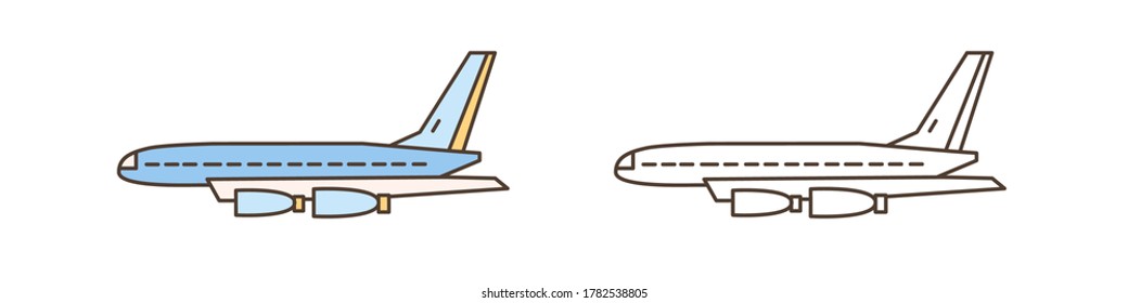 Passenger or cargo airliner, aircraft symbol. Plane or airplane flying in air. Commercial airlines. Modern transportation. Flat vector line art icon. Illustration isolated on white background