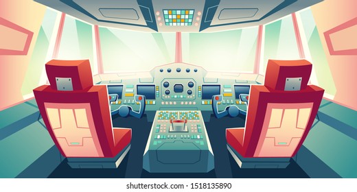 Passenger or cargo airliner cabin, business jet cockpit with captain and second pilot seats, flashing buttons, screens on control panel cartoon vector illustration. Air transport industry background