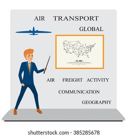 Passenger and cargo airlines. Communication around the globe. Map of the USA. High quality service. Best Service air company. The pilot, a flight attendant. The modern concept of global communication.
