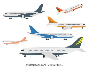 Passagier- und Frachtflugzeug, einzelne Vektorgrafik. Flugzeugseitige Abbildung. Moderne Flugzeugtypen. Set von Flugzeugsymbol. Realistische Flugzeuge. Passagierflugzeug in verschiedenen Ansichten.