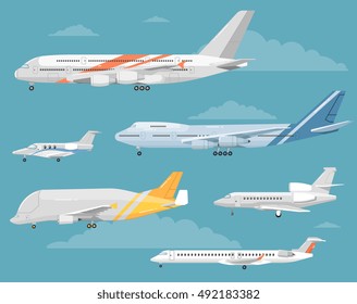 Passenger and cargo airplane isolated vector illustration. Airplane side view illustration. Modern types of airplane. Set of aircraft icon.