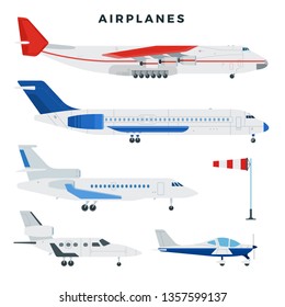 Passenger and cargo airplane, set. Airplanes, side view. Modern types of planes. Large and small passenger aircraft. Air transport. Vector illustration in flat style.