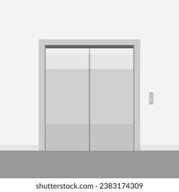 Passenger  or cargo elevator, lift with closed metallic cabin door in office floor interior. Vector illustration.