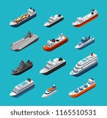Passenger and cargo ships, sailing boats, yachts and vessels isometric vector transportation icons isolated. Liner and tugboat, tanker shipping, steamboat illustration