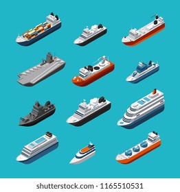 Passenger and cargo ships, sailing boats, yachts and vessels isometric vector transportation icons isolated. Liner and tugboat, tanker shipping, steamboat illustration