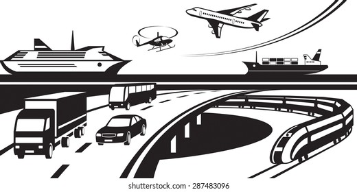 Escenario del transporte de pasajeros y carga - ilustración vectorial