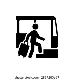 Passenger carrying suitcase walking into bus doorway, person embarking on journey with luggage, public transport boarding process, travel and migration concept, simple black silhouette for transit signage and station maps, airport shuttle service icon for navigation graphics.