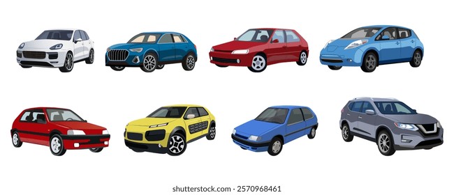 Passenger cars set. Modern automobiles of different body type. Wheeled motor transport designs, sedan, hatchback. Vector illustration isolated on white background