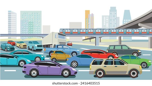 Passenger cars and trucks on the highway illustration