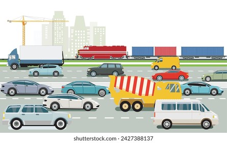 Passenger cars and trucks on the highway with freight train, illustration