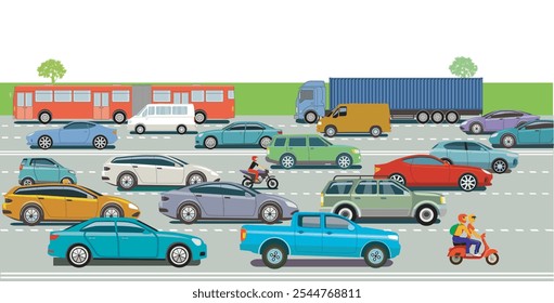 Passenger cars and trucks on the highway, illustration