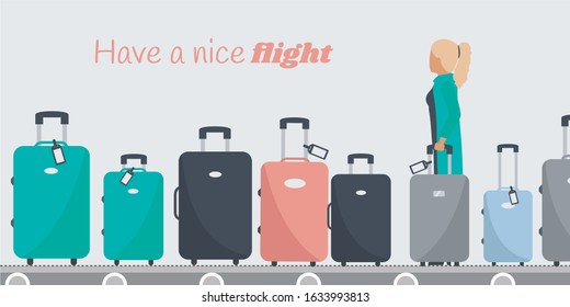 passenger or character flat design on moving walkway in terminal airport. tourism cartoon. shopping art. woman isolated waiting funny cover page. holiday vacation. set baggage, luggage suitcase vector