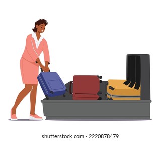 Passenger Check Luggage on X-ray in Airport. Airport Security Conveyor Belt Scanner, Terminal Checkpoint Metal Detector with Traveler Female Character and Baggage. Cartoon People Vector Illustration