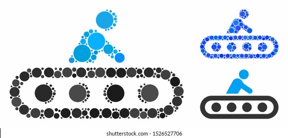 Passenger conveyor composition for passenger conveyor icon of round dots in various sizes and color tones. Vector round dots are organized into blue mosaic.