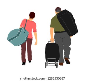 Passenger couple with luggage walking at airport vector illustration. Traveler with many bags go home. Man and woman carry baggage. People with heavy cargo load waiting taxi after vacation holiday.