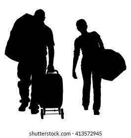 Passenger couple with luggage walking at airport vector silhouette. Traveler with many bags go home. Man and woman carry baggage. People with heavy cargo load waiting taxi after vacation holiday.