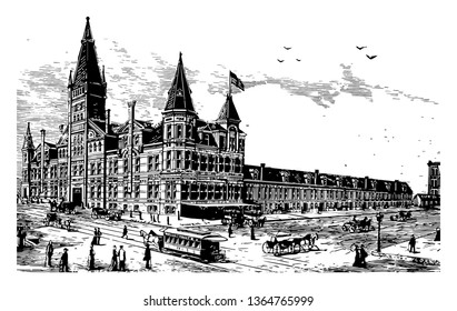 Passenger Depot is a historic railroad station in Uxbridge Massachusetts, was used for transportation and passengers for 50 years vintage line drawing.