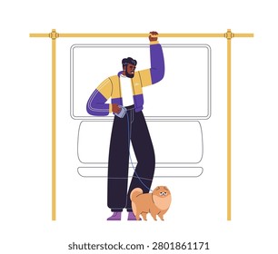Passenger with dog standing in subway train, holding handrail. Black man, pet owner commuting with puppy on leash in metro. Public transport. Flat vector illustration isolated on white background