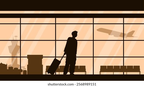 A passenger dragging luggage in the airport lounge. Vector illustration of traveler with suitcase in the airport lobby with takeoff plane in the background. Airport hall with seating and runway plane