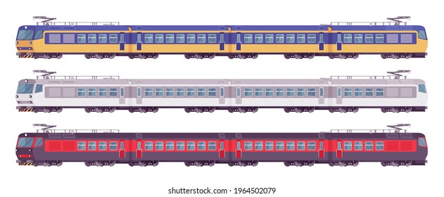 Passenger electric trains colorful set, rail transport. Bright locomotive, green, yellow, red color, travel and transportation. Vector flat style cartoon illustration isolated on white background