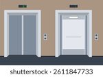 Passenger elevator, hall interior with open and closed passenger elevator. Passenger elevator icon. Design image, web banner, poster, vector illustration. Vector.